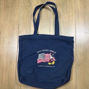 Walt Disney World Mickey Mouse American Flag Navy Blue Canvas Zipper Tote Bag